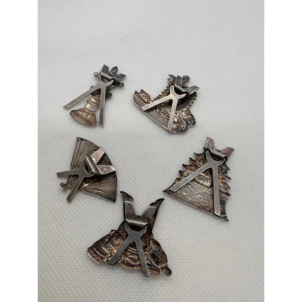 Vintage 950 Silver Japan Scarf Clip Set Dragon Boat Pagoda Samurai Fan 16.38g